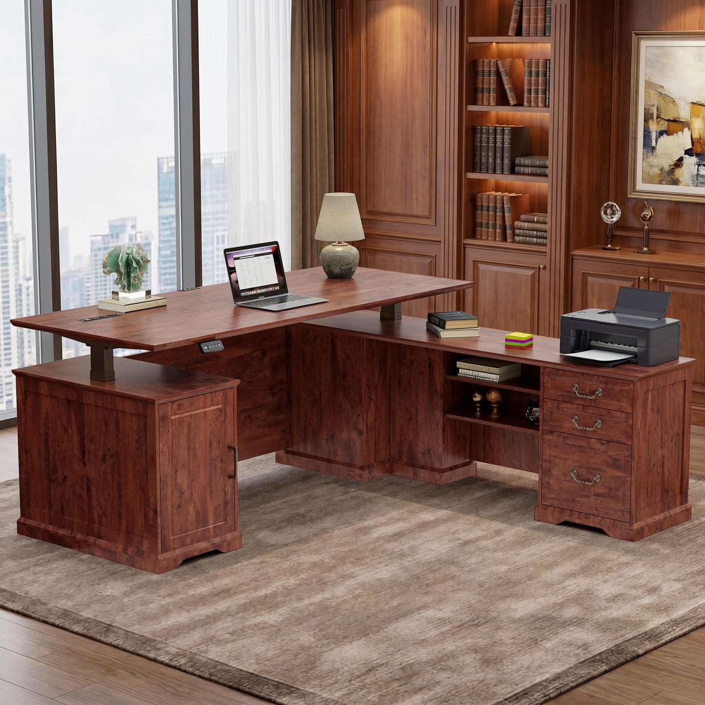 ZIMASYA 71" L Shaped Executive Desk with File Cabinet Drawers Outlet USB, Height Adjustable Modern Office Desk Privacy Panel Sit-Stand Workstation for Boss Managers Office Home Mahogany