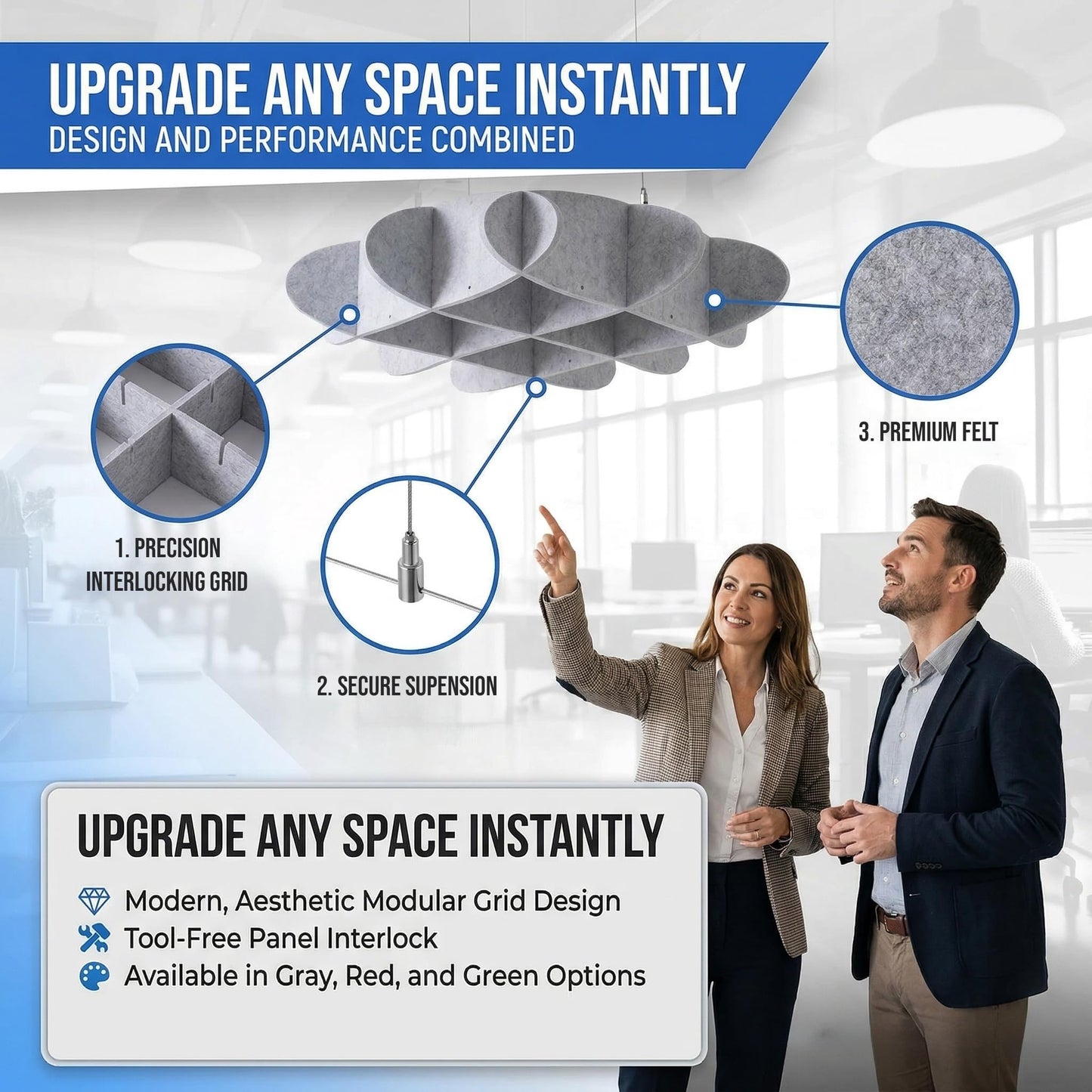 Arrowzoom Acoustic Ceiling Panels, Ceiling Soundproofing for Noisy Neighbors, Dense Polyester Fiberboard Sound Absorbing Tiles for Recording Studio and Home Theater, 23" x 23", Gray