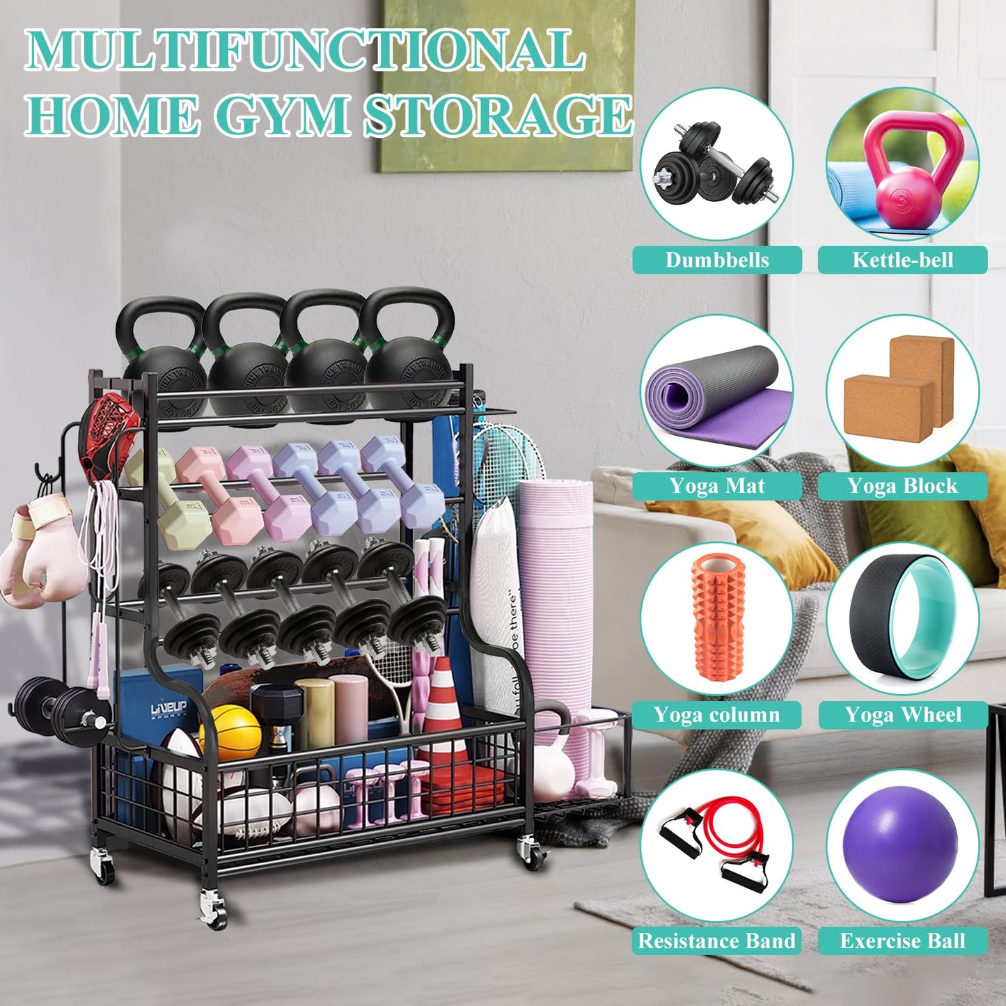 HIEE Dumbbell Rack, Weight Rack for Kettlebells, Storage Holder for Yoga and Workout Equipment, Home Gym Storage Rack with Wheels and Hooks (320 lb)