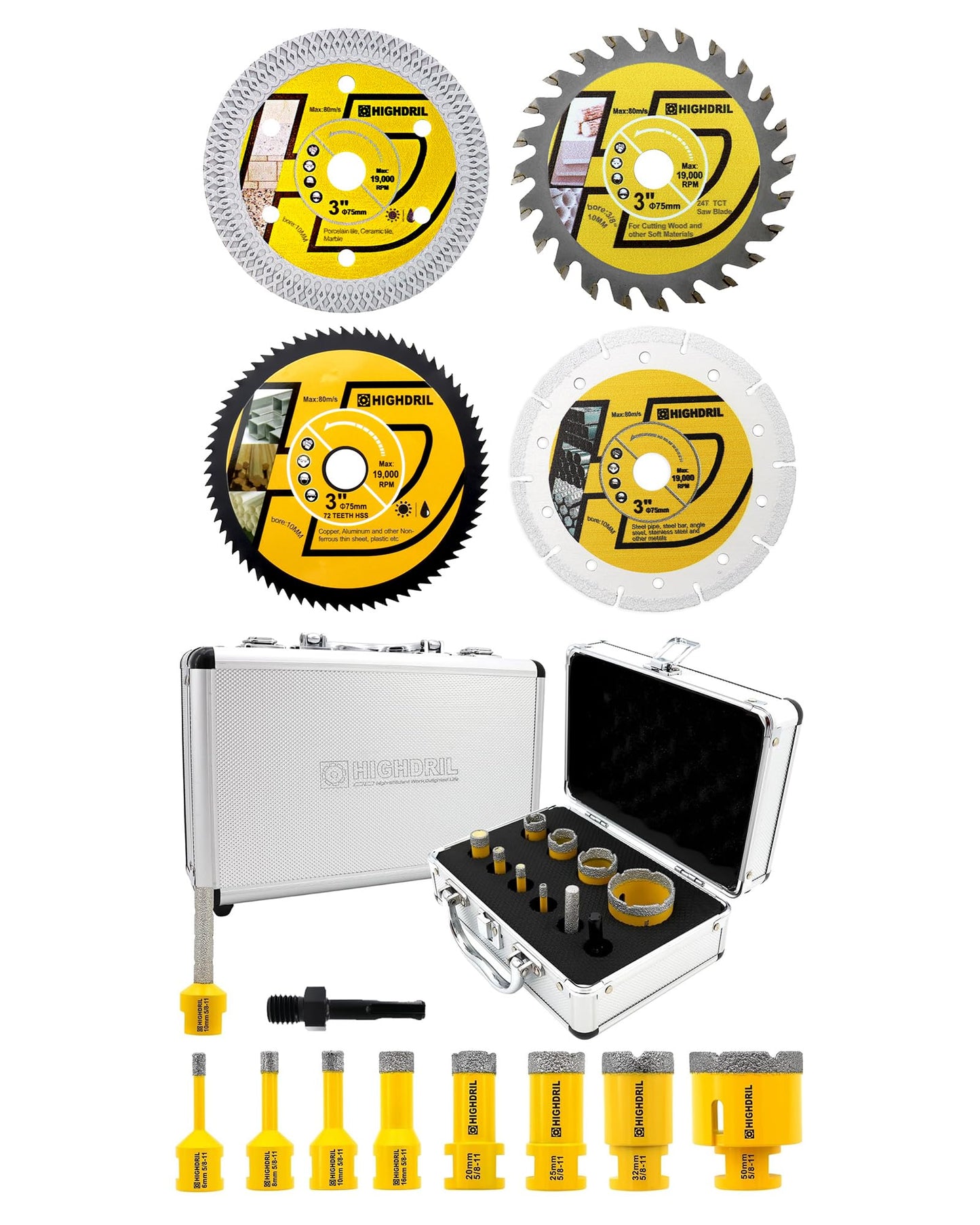 HIGHDRIL 3" 75mm Circular Saw Blade Set 4pcs and HIGHDRIL Diamond Drill Bits Kit with 5/8-11