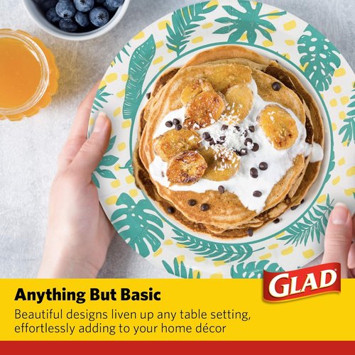 Glad Round Disposable Paper Plates - Soak Proof & Cut Resistant, 10 Inch, Palm Leaves Pattern, 50 Count | Perfect for Parties & Picnics