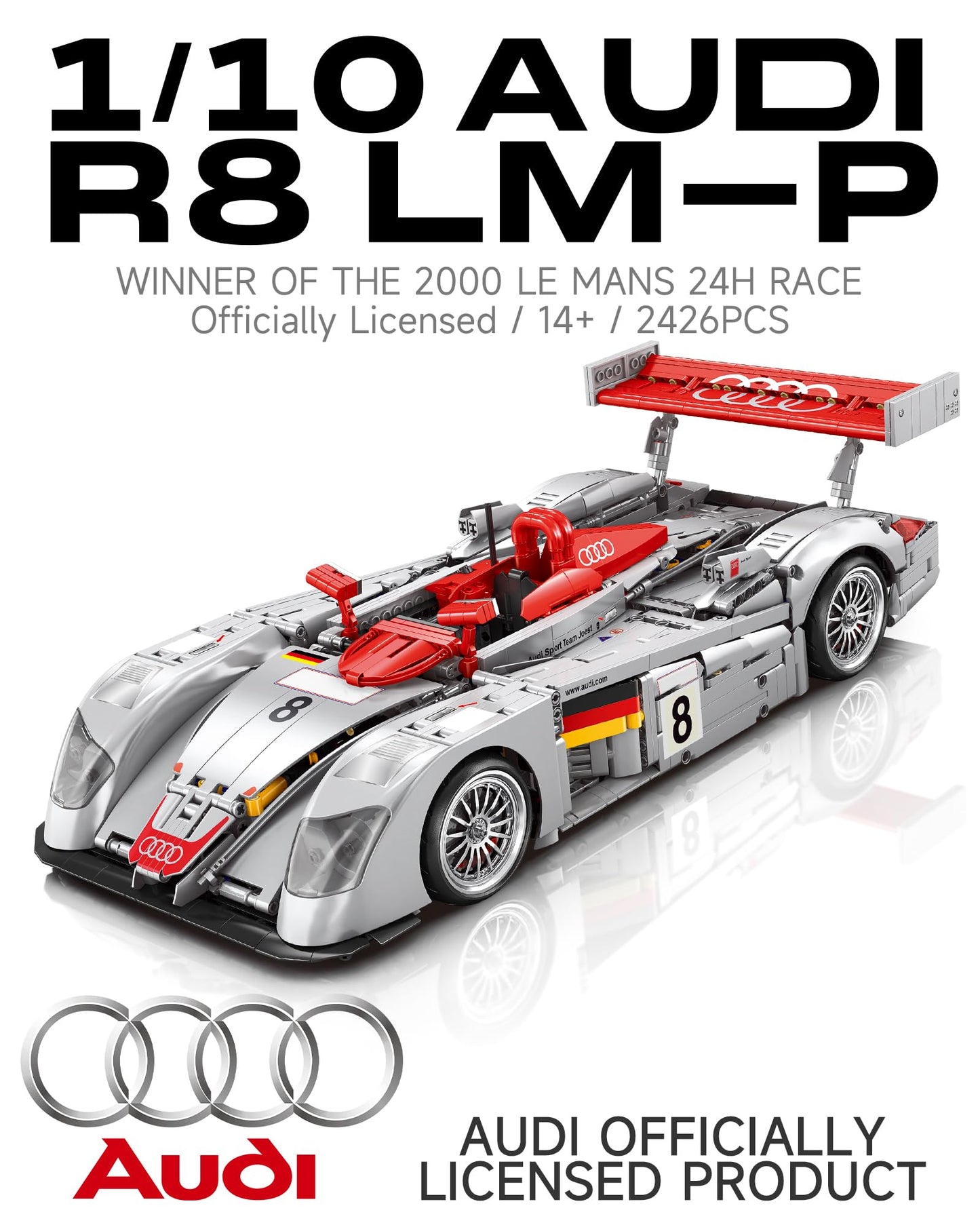 MOCBURIKU Audi R8 LM-P 24H Le Mans Winner, Collectible Race Car Building Kit for Adults Teens, 1:10 Scale Racing Techinc Car Model, Home or Office Décor Gift for Motorsport Fans Age 14+ (2,426 PCS)