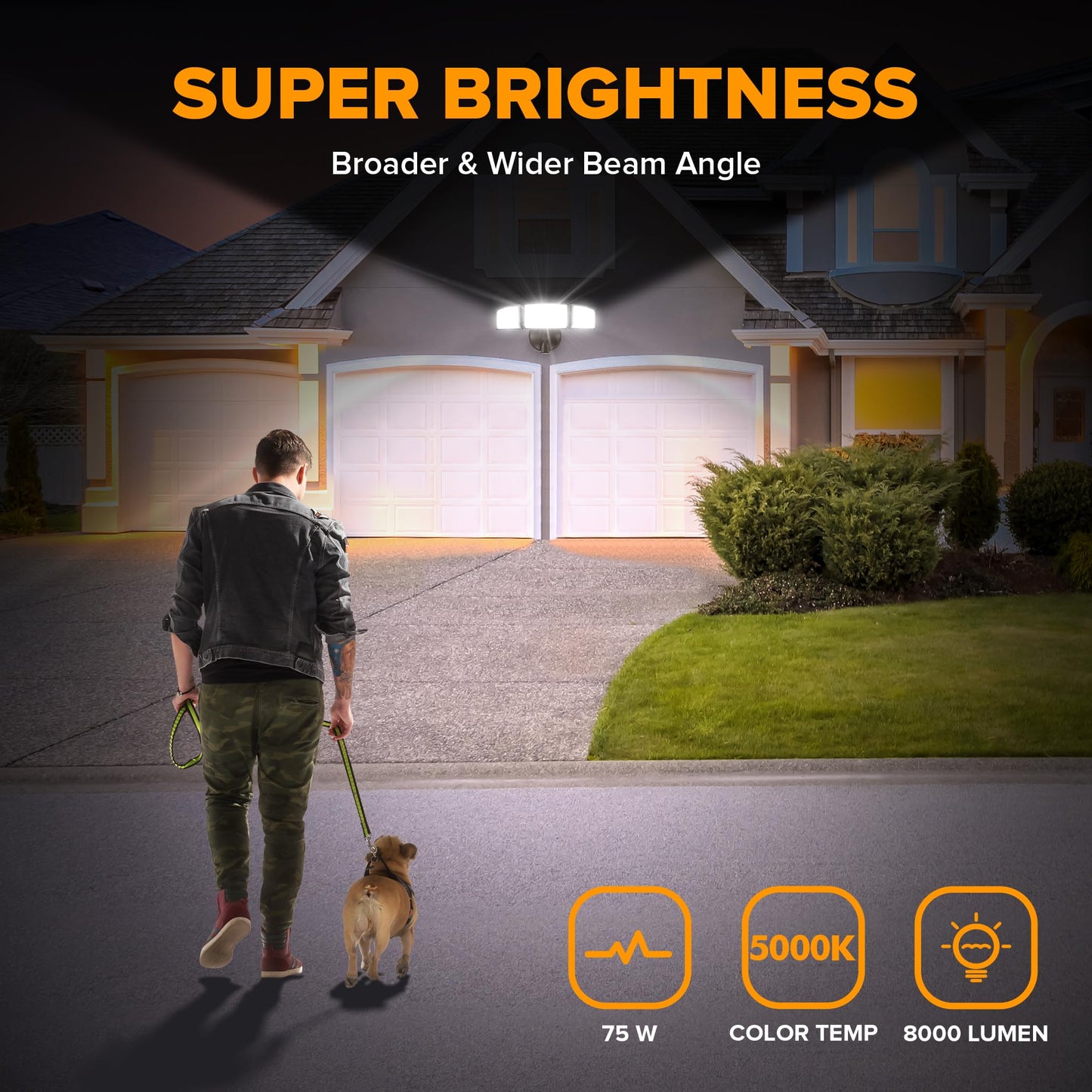 LUTEC 75W LED Flood Light, 8000 Lumens, 3 Adjustable Heads, 5000K Daylight, IP65 Waterproof, 1 Pack, Brown