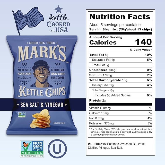 MARK’S Kettle Cooked Avocado Oil Potato Chips, Sea Salt & Vinegar – Seed Oil & GMO Free | Sea Salt and Vinegar, 5 oz (Pack of 3) | Gluten Free, Non-GMO, Chips for Clean & Healthy Snacking