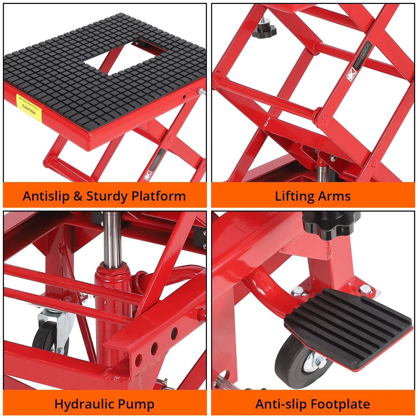 Hydraulic Motorcycle Lift Table, 350 LBS Capacity Foot-Operated Scissor Jack with Wide Non-Slip Deck, 3-Position Safety Pin & 4 Caster Wheels for ATV Dirt Bikes & Motorcycles