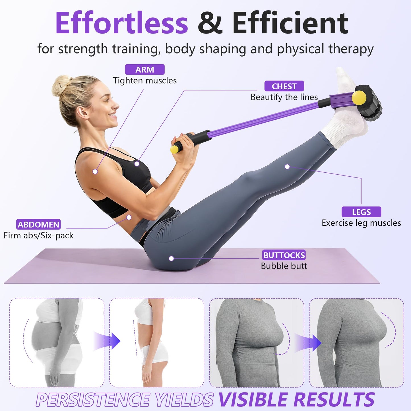 Upgraded Pedal Resistance Band with Handle, Soft Durable Fashion Puller Exercise with Thickened 6 Tension Ropes, Tube Pedal Resistance Device for Abdomen, Waist, Arm, Leg, Core/ABS (Black & Purple)
