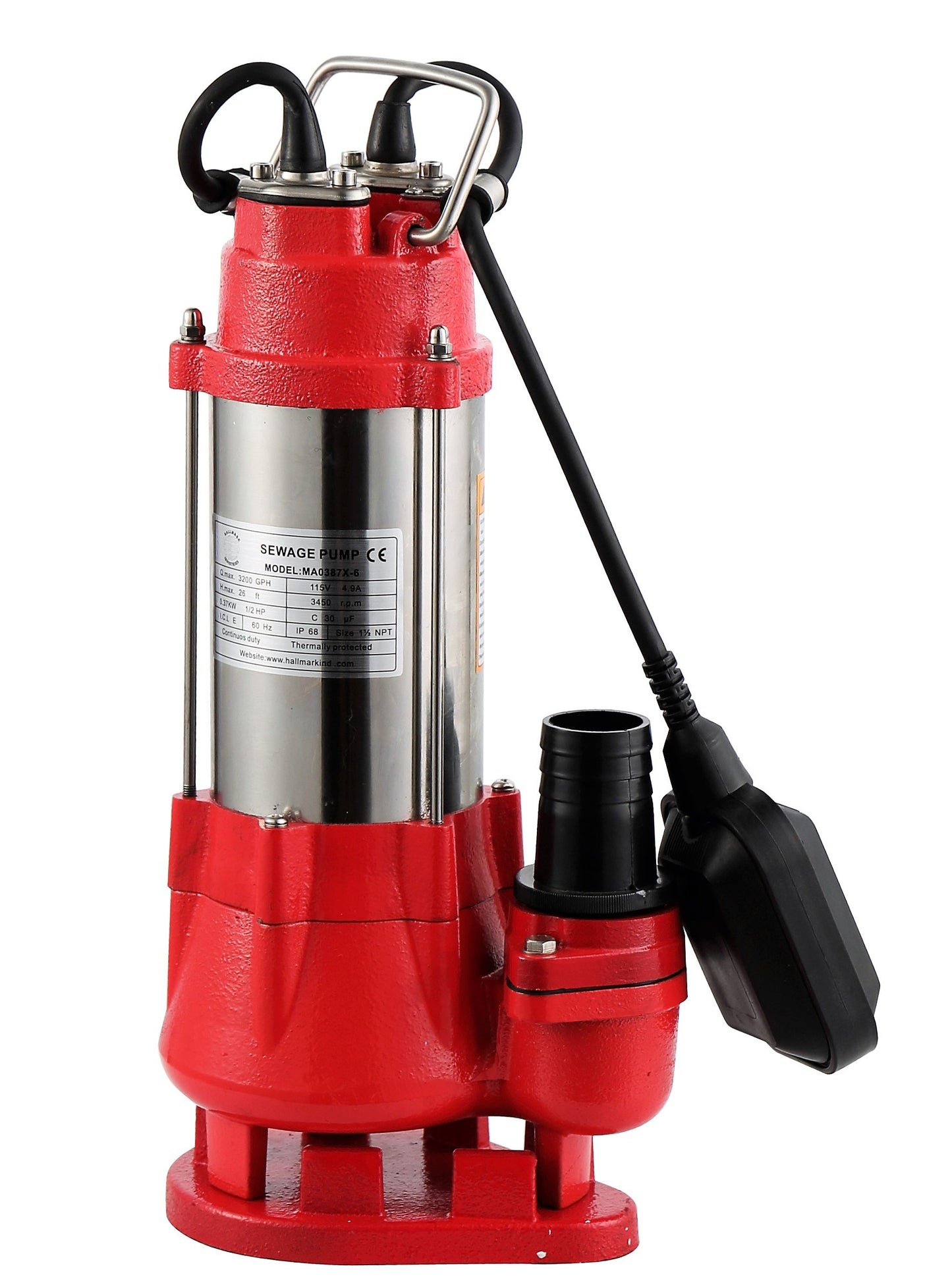 Hallmark Industries MA0387X-6 Sewage Pump, Stainless Steel, 1/2hp, 115V, with Float Switch, 3200 GPH/26' Lift, 20' Cable, Heavy Duty, Maximum Flow Rate, Stainless Steel