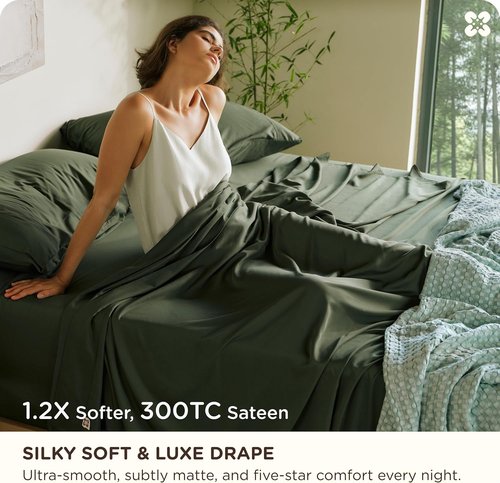 Bedsure Queen Sheet Set - 100% Organic Bamboo Viscose | Cooling & Silky Soft | 18" Deep Pocket | Oeko-Tex Certified [Olive Green]