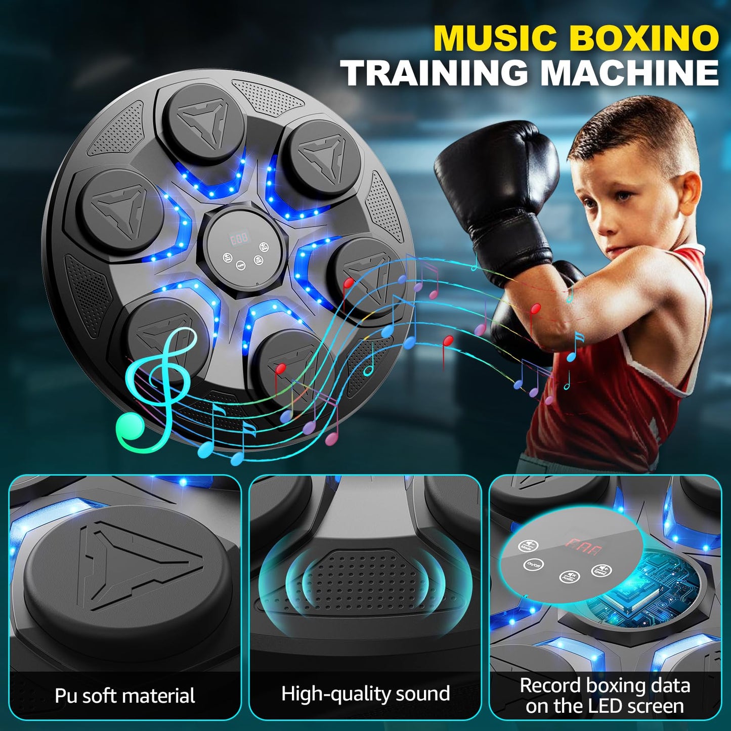 Upgrade Music Boxing Machine For Adults Kids, Interactive Music Punching Machine with Gloves 12 Modes 12 Speeds, Wall Mounted Electronic Boxing Punching Pad with Wireless Connection LED Display