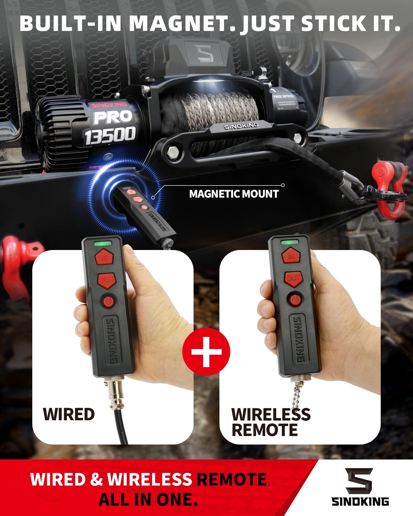 SINOKING PRO Series 13500 lb Electric Winch, 12V Towing Winch, Synthetic Rope, 2-in-1 Wired/Wireless Remote, Waterproof IP67, 7 HP Motor for Jeep, SUV, Truck & Trailer
