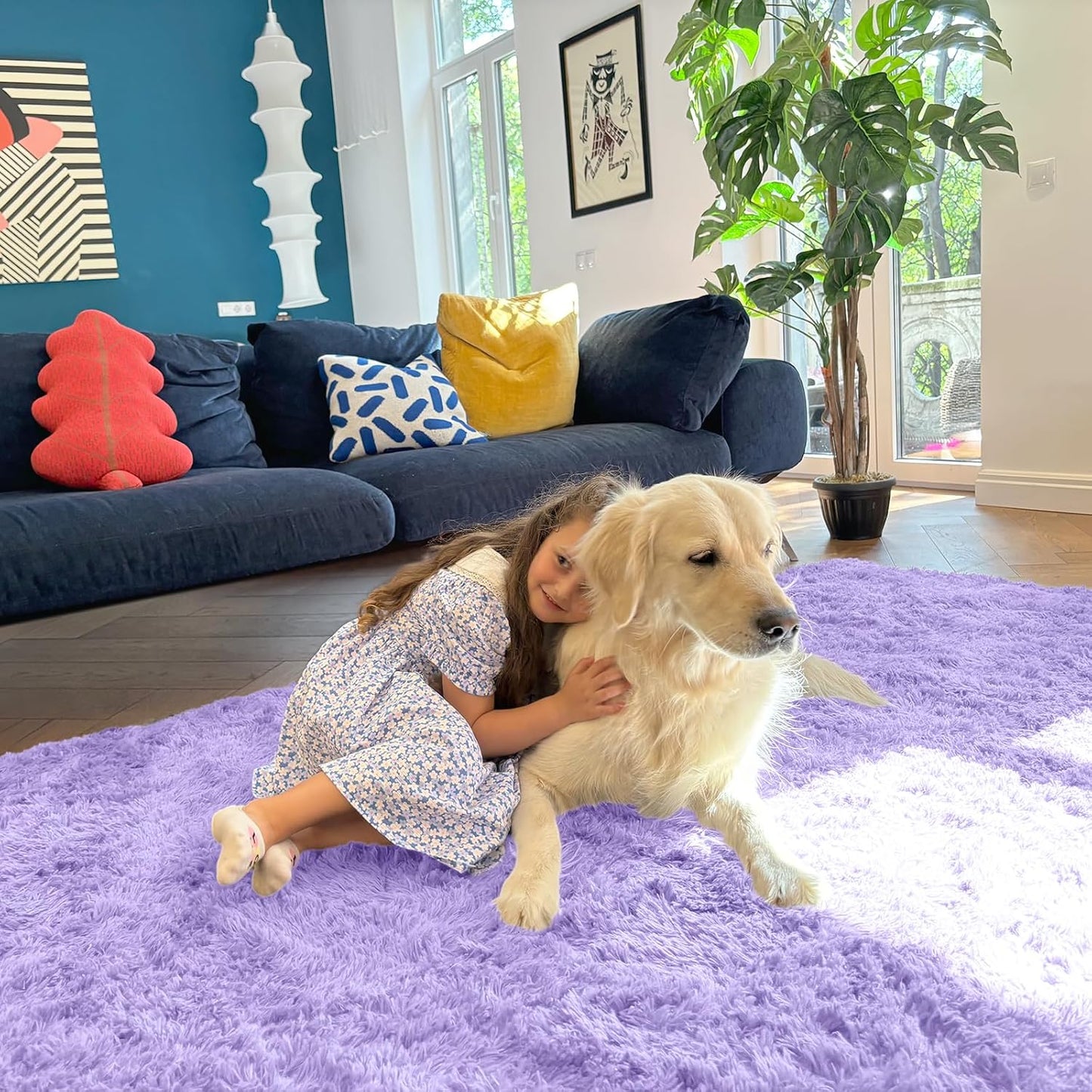 OLANLY Large 5x7 Machine Washable Area Rug - Soft Fluffy Shaggy Carpet for Living Room & Bedroom | Light Purple