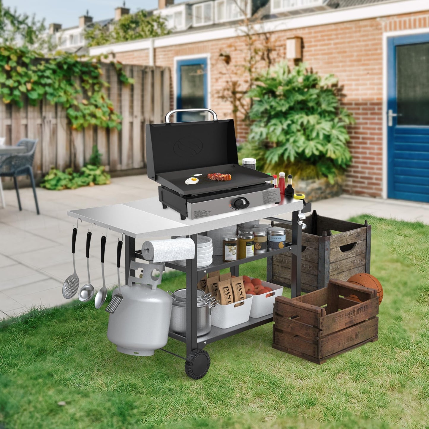 Skyflame Heavy Duty Pizza Oven Table & BBQ Prep Cart, Stainless Steel Rolling Grill Cart with Lockable Wheels, 3 Shelf Outdoor Workstation for Griddle/Patio – 170 lbs, No Wobble
