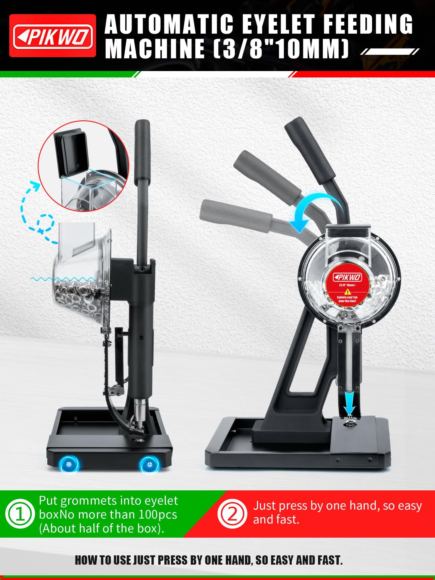 PIKWO Automatic Eyelet Feeding Machine (3/8" 10mm) Press Punch Tool Kit with 3/8” Die and 10,000 Pcs Grommets Self Piercing Grommet Maker Labor Saving Corsetry Class Recommended