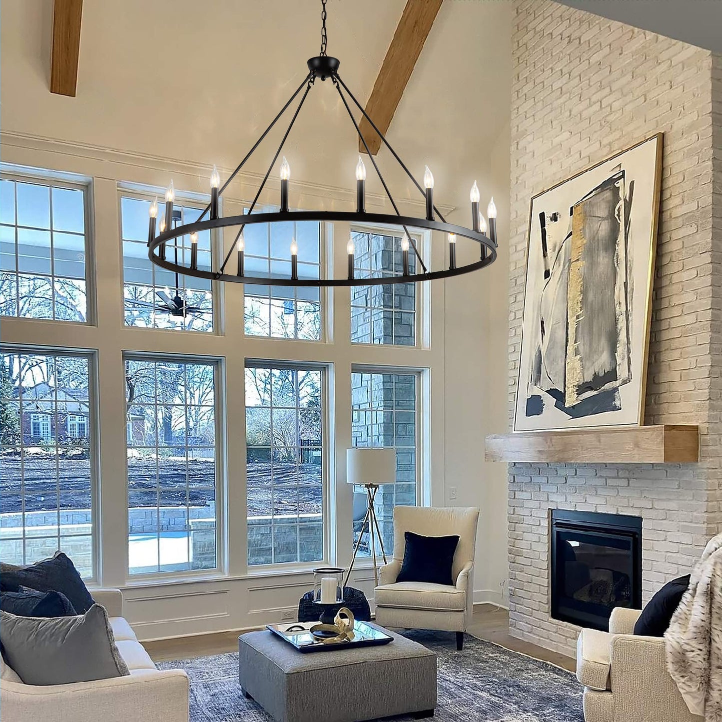 Psyverii 16-Light Black Wagon Wheel Chandelier Large Farmhouse Chandelier, Round Rustic Lighting, Farmhouse Light Fixture