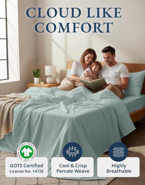 LANE LINEN 100% Organic Cotton King Size Bed Sheets - Soft, Comfy Percale Bedding Set in French Blue