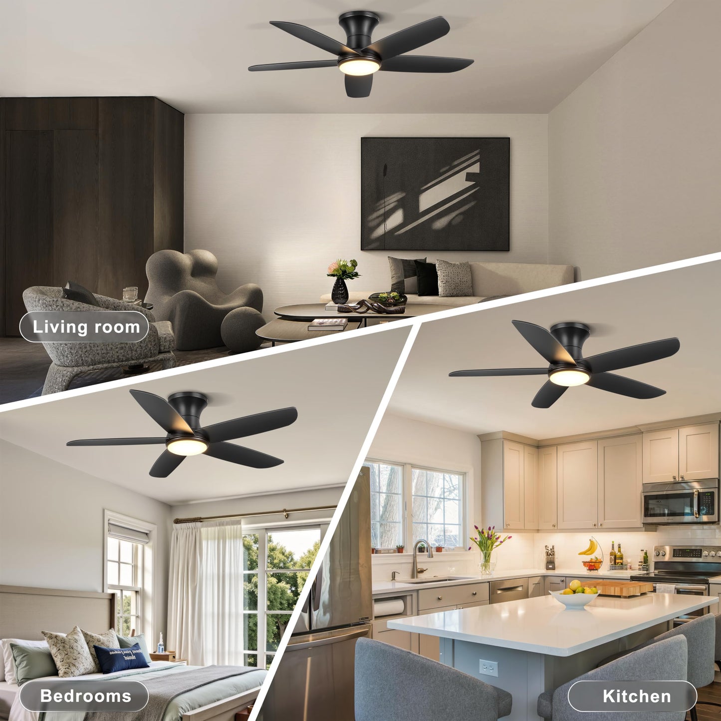 Ohniyou Ceiling Fan with Lights, 46" Flush Mount Ceiling Fans Remote/APP Control - Dimmable, Quiet DC Motor, Indoor Ceiling Fans for Bedroom Kitchen, Black