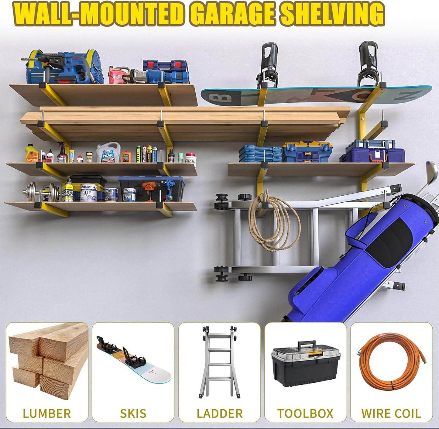 Skiennix Lumber Storage Rack - Heavy Duty Wall-Mounted Organizer | 8-Level System, Holds Up to 1600 Lbs, Yellow