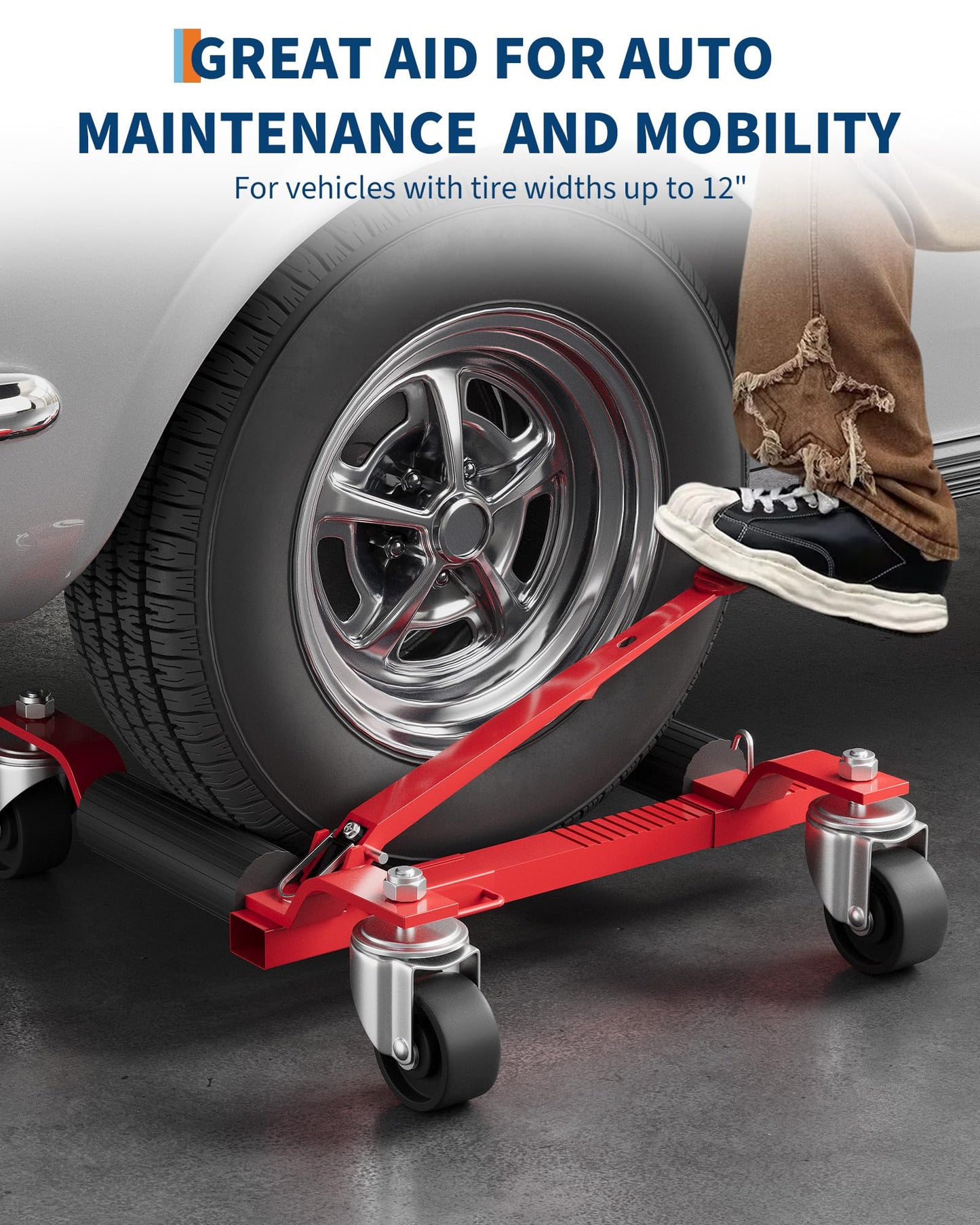 4 Pack 6000 LBS Heavy Duty Car Wheel Dolly Jack Set, Mechanical Vehicle Tire Positioning Mover with Ratcheting Foot Pedal, Auto Repair Moving Kit for Garage Workshop, Red