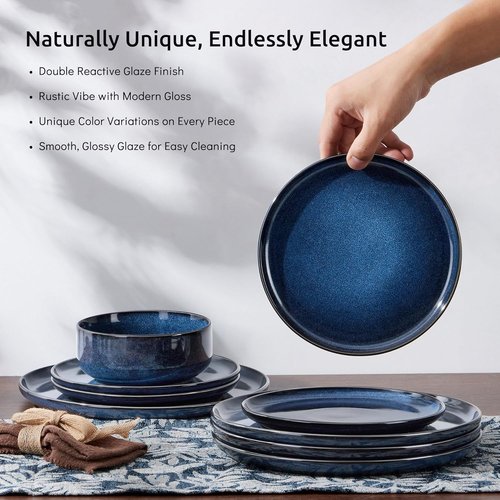 E-far Dinnerware Set - 12-Piece Stoneware Plates & Bowls for 4 | Microwave & Dishwasher Safe - Deep Sea Blue