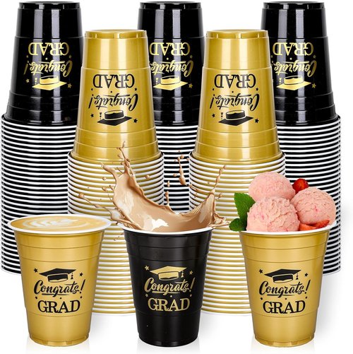 FYSUIMU 16Oz Graduation Cups - 100Pcs Gold & Black Disposable Drinking Cups for Party Supplies