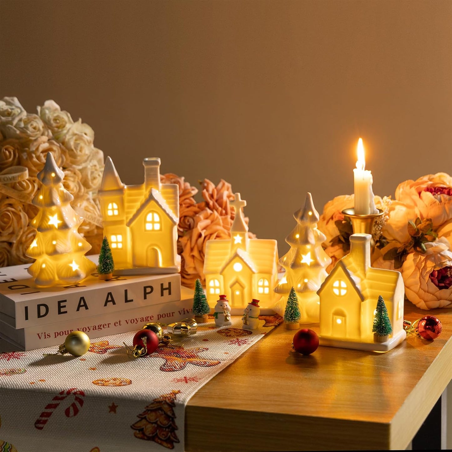 Skiennix Christmas Village Set - 11 Pcs Ceramic Decor with 3 Lighted Houses & Trees | Festive Tabletop Display