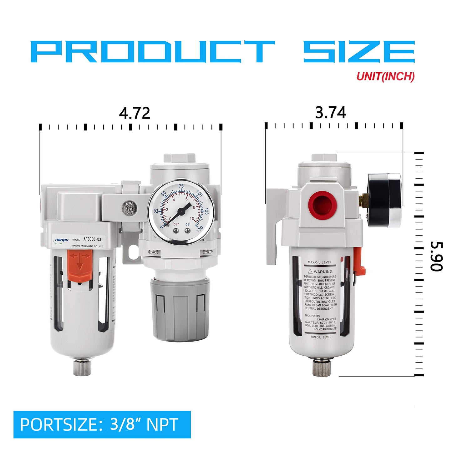 NANPU 3/8" NPT Compressed Air Filter Regulator Combo Piggyback, 5 Micron Element, Poly Bowl, Semi-Auto Drain, Bracket, Gauge (ARF3000)