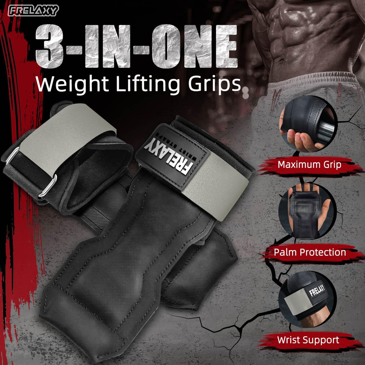 Frelaxy Lifting Wrist Straps, Rubber Weight Lifting Grips with Non-Slip Palm & Wrist Wraps Support for Deadlifts, Pull Ups, Rows, Heavy Powerlifting, Lat Pulldowns (Grey)