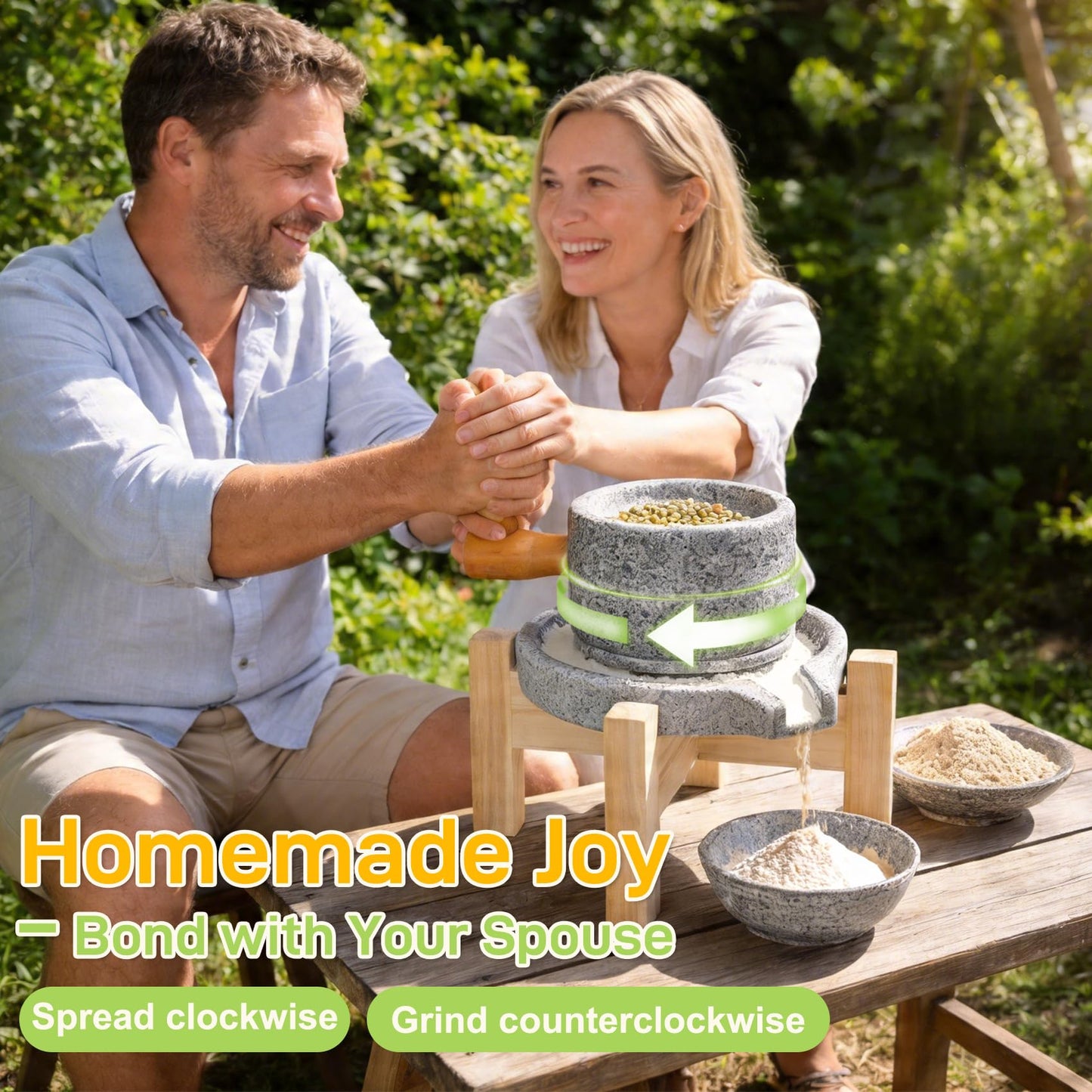 Natural Stone Grain Mill, Manual Granite stone grinder with Wooden Base & Heavy-Duty Handle, Stone Mill for Flour for Grain & Spice Grinding, stone flour mill grinder for Home Kitchen