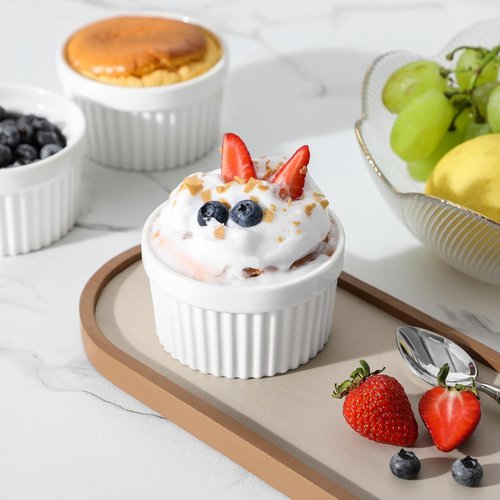 MALACASA Ramekins - 6 oz Oven Safe Porcelain Baking Cups for Creme Brulee & Pudding | Set of 6 White