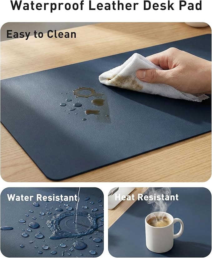 Aothia Faux Leather Desk Mat - Large Mouse Pad, Non-Slip PU Leather Blotter, Waterproof Writing Surface for Office and Home (Dark Blue, 63" x 17")