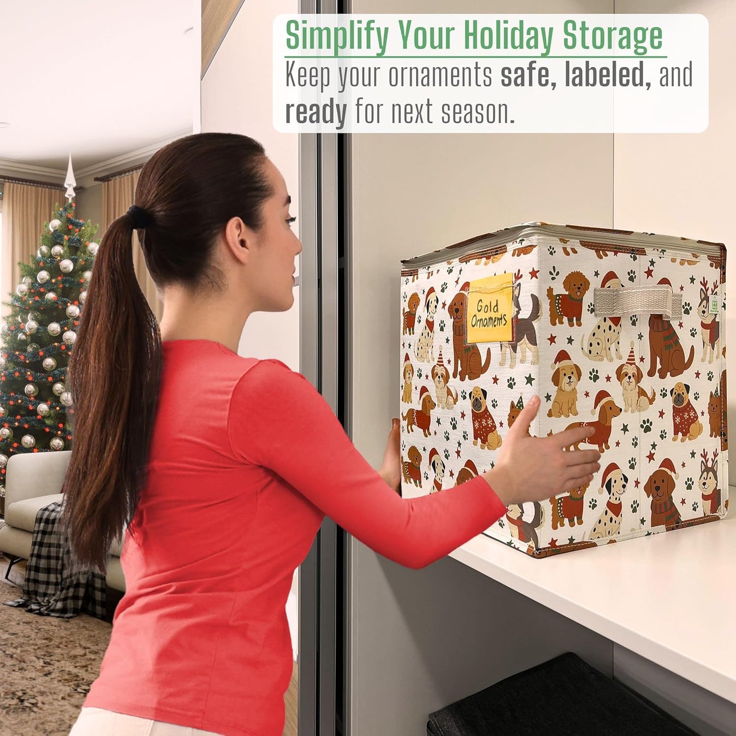 VENO Christmas Ornament Storage Box - 4 Pack with Adjustable Dividers & Zippered Top | Holds 64 Ornaments, 3-Inch Cube Compartments (Holiday Pups)