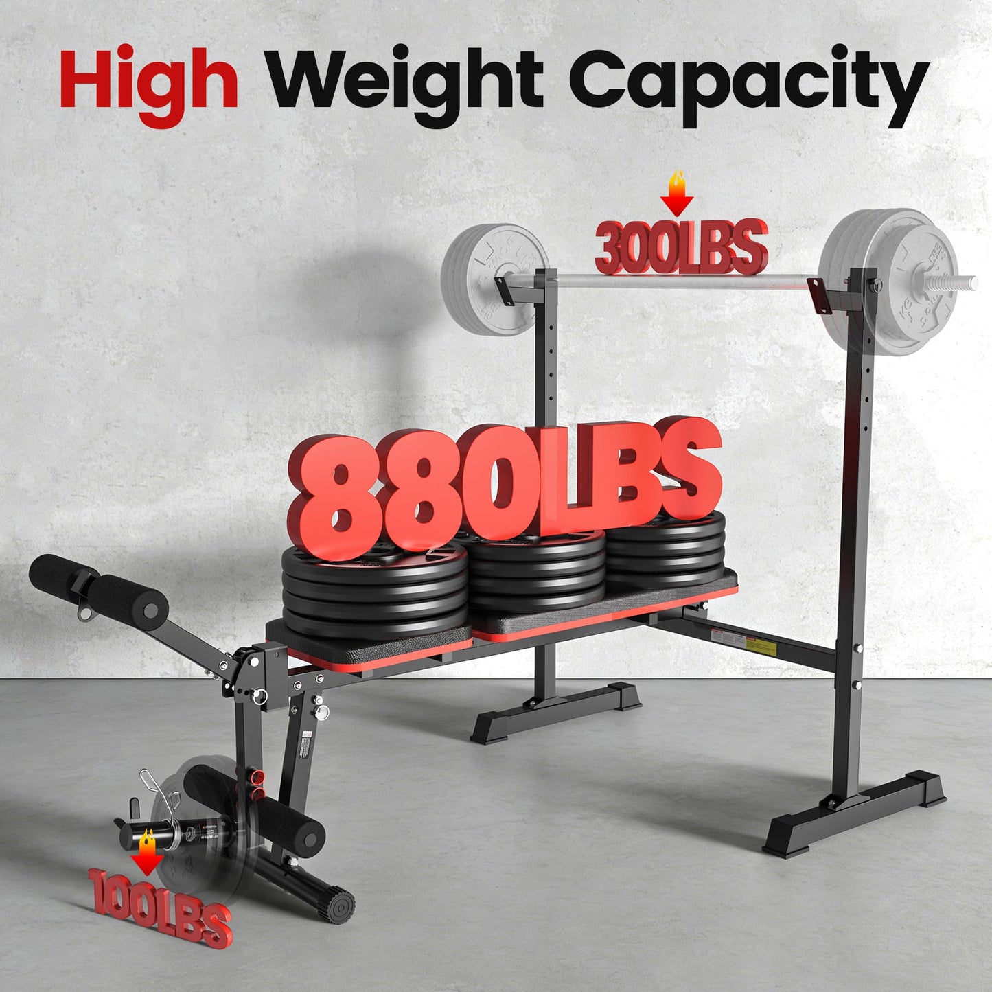Weight Bench Set, 880LBS Adjustable Bench Press Set with Leg Extension and Barbell Rack, Safety Bar Catches, Fasting Foldable Workout Benches for Home and Gym