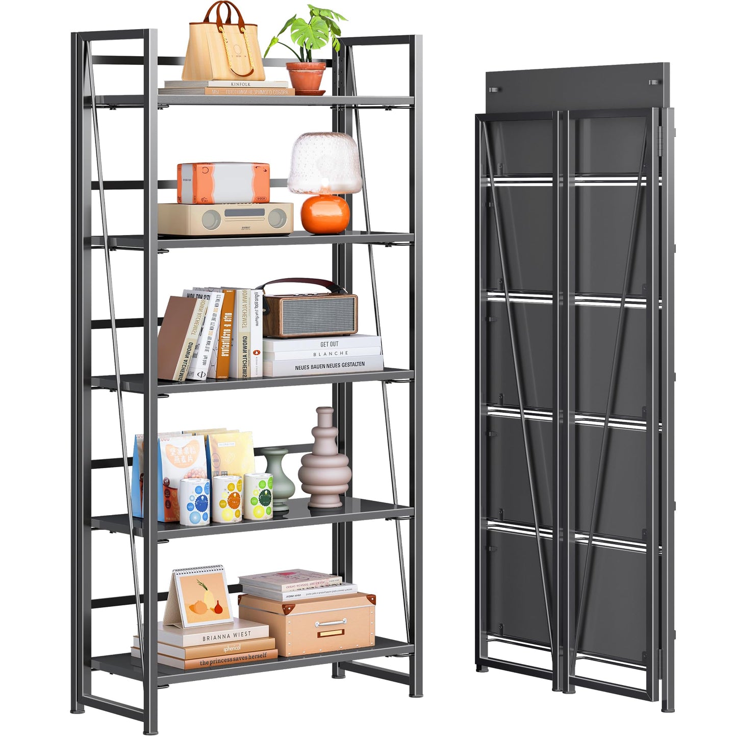 4NM No Assembly Folding Bookshelf, 5-Shelf 62.2" H Collapsible Foldable Bookcase Storage for Small Spaces, All Black