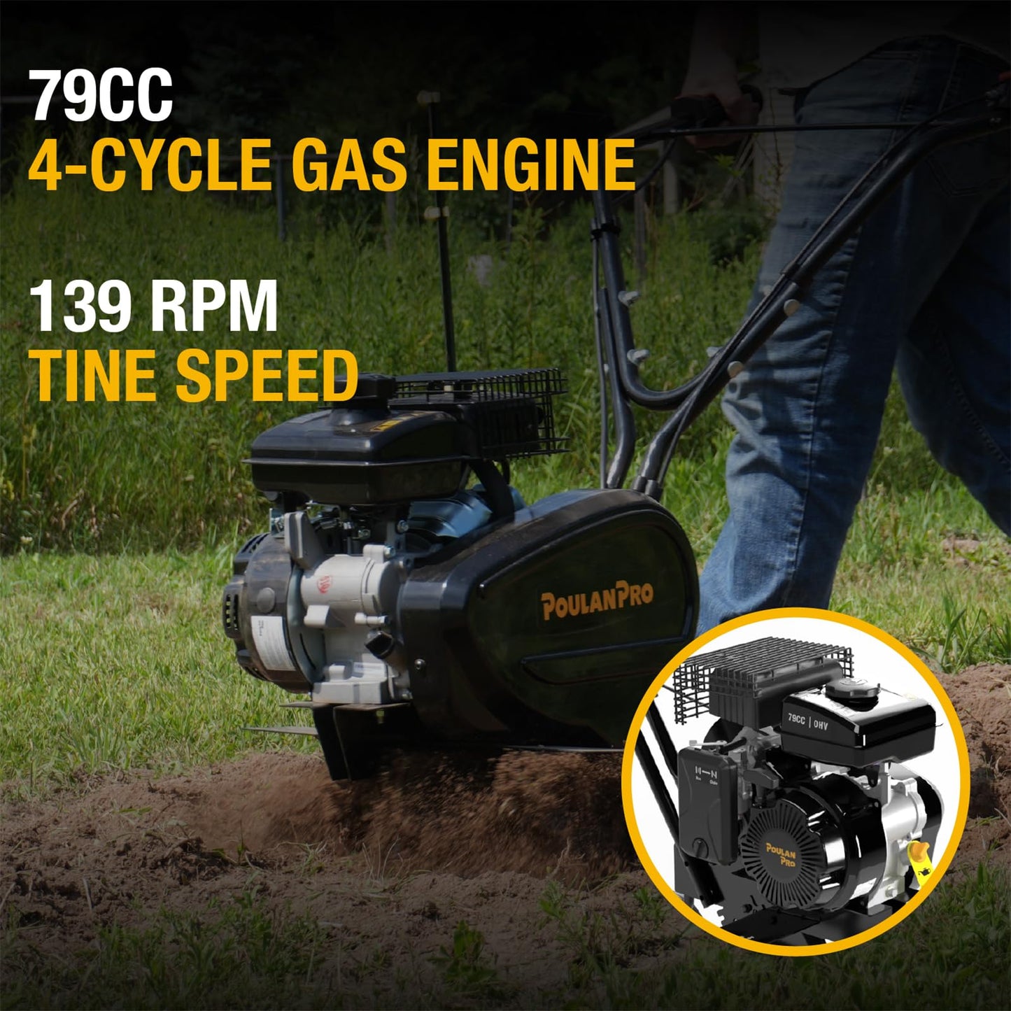 Poulan Pro 2 in 1 Gas Tiller, Front Tine Tiller Cultivator with 79 cc 4-Cycle Gas Engine, 9''-17'' Tilling Width Adjustable, Garden Tilller with Forged Steel Tines, Integrated Transport Wheels