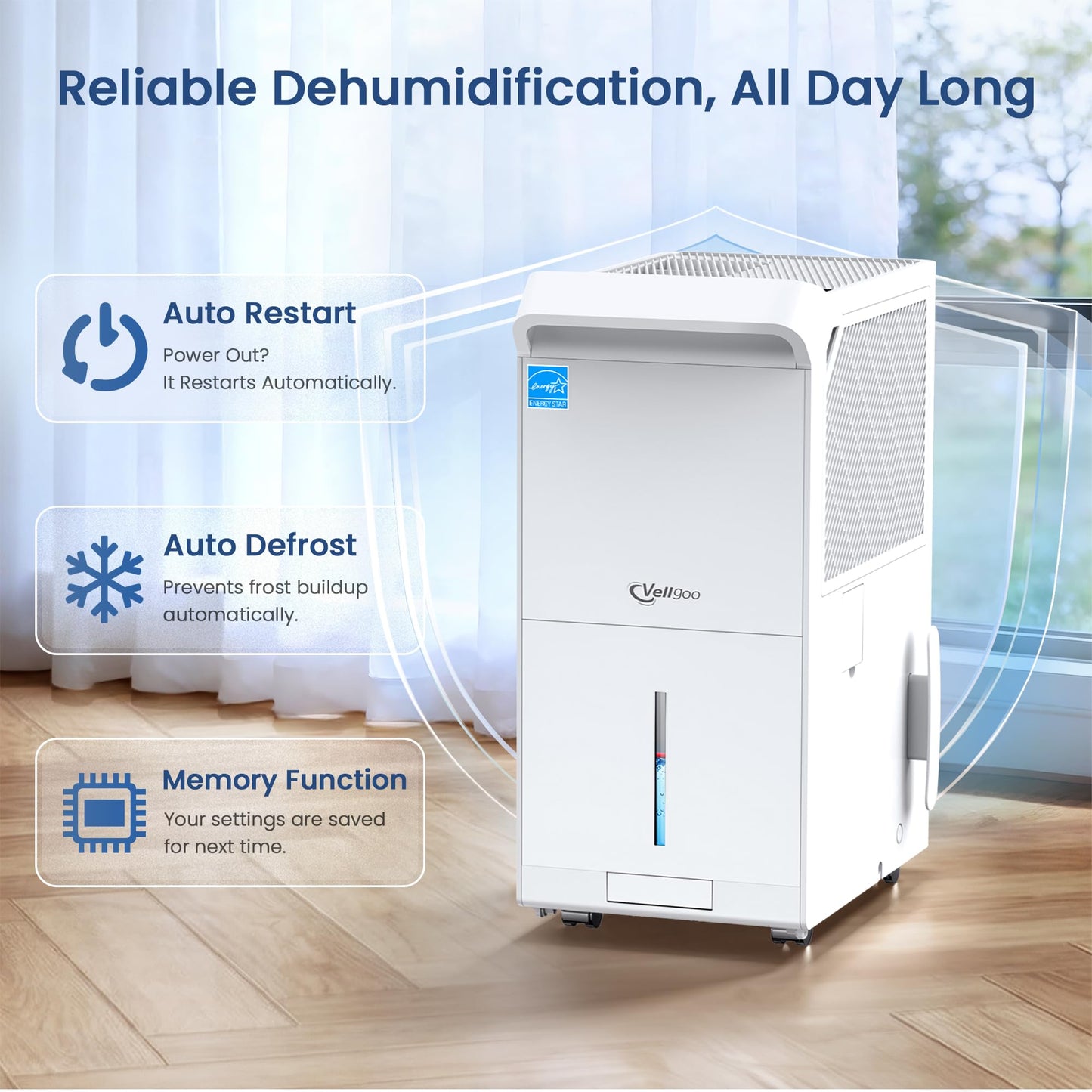 6,000 Sq.Ft Most Efficient Energy Star 2025 Dehumidifier with Pump,Vellgoo Max 140 Pint/D Smart Compressor Dehumidifier for Basement with Drain Hose, for Home,Large Rooms