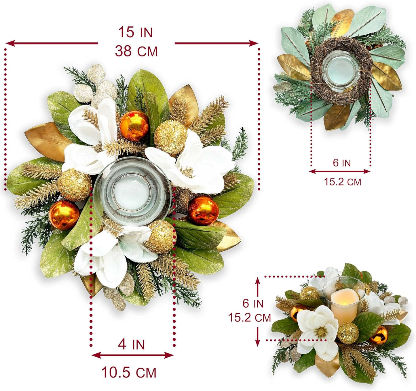 Skiennix 18" Centerpiece - Flameless LED Candle Holder with White Magnolia & Gold Baubles for Holiday Decor