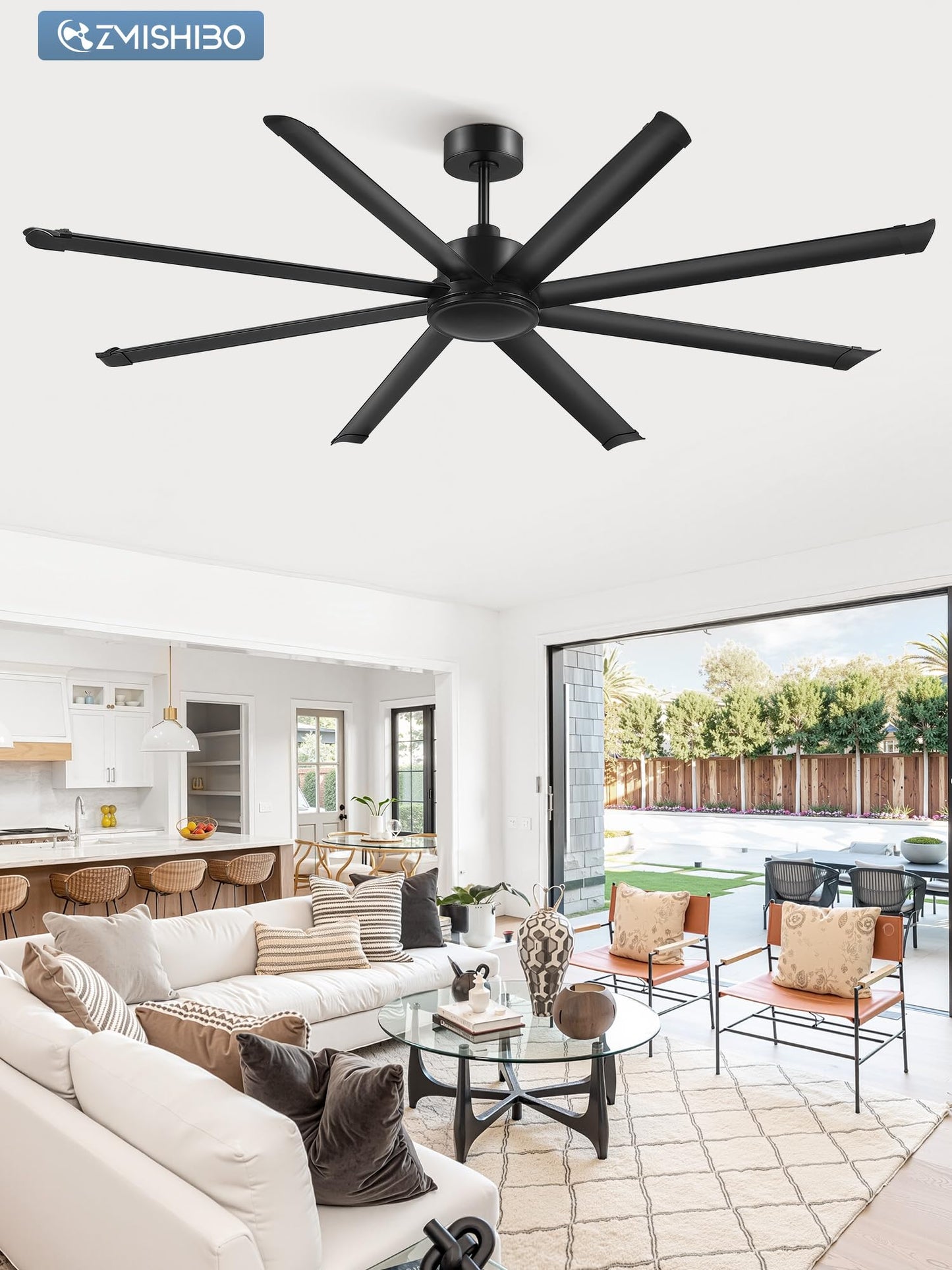 ZMISHIBO 84 Inch Large Ceiling Fan No Light, 8 Aluminum Blades, 6-Speed Remote Control, Industrial Ceiling Fan without Light, Quiet DC Motor, Indoor/Outdoor Ceiling Fans for Patio, Garage, Shop, Black