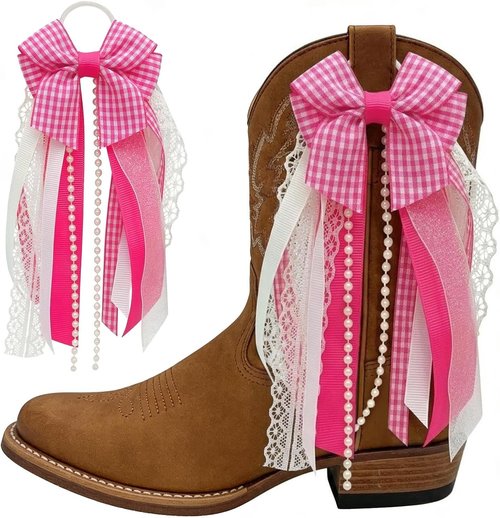 Holiday Bow Ribbons - Festive Birthday Accessory Decor | Pink Plaid Cowboy Boot Charms (2 Pieces)