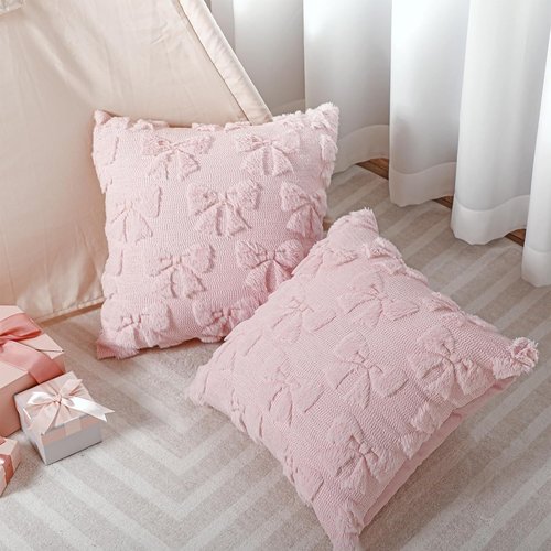 Mixweer Pink Bow Pillow Covers - Set of 2 Soft Faux Fur Decorative Pillowcases for Couch | 18 x 18 Inch