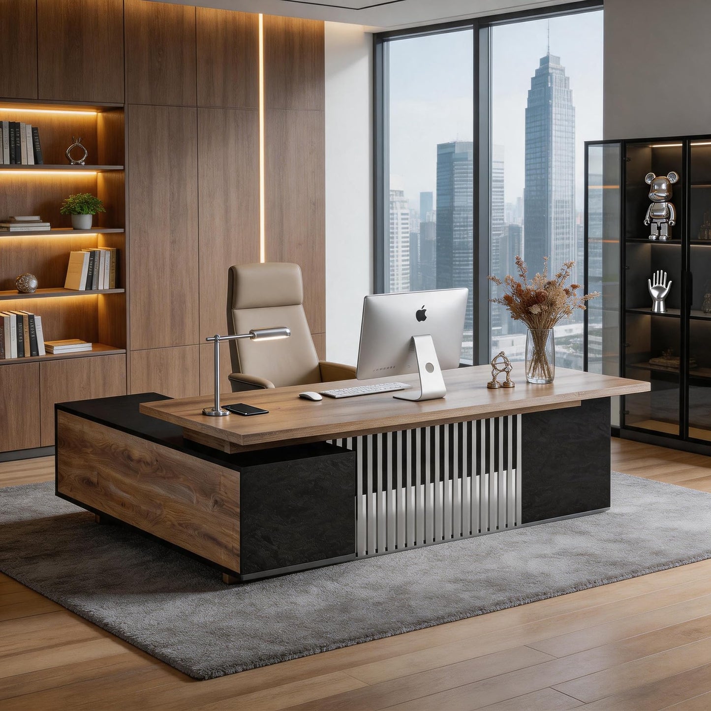 SAINTCY L-Shaped Executive Desk, Industrial Office Desk with Drawer & Cabinet, Large Wood Desktop, Unique Stainless Steel Privacy Screen (Right Return, 70.86")