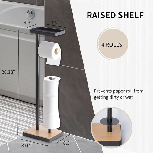 Clasin Home Toilet Paper Holder - Free Standing Design with Storage & Top Shelf | Black Bamboo Style