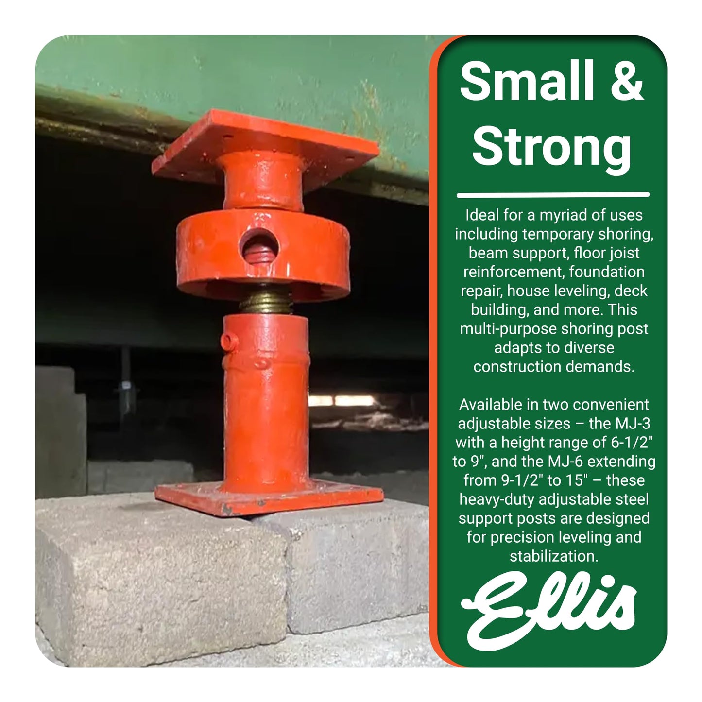 Ellis Manufacturing Adjustable Mini Screw Jack Post – House Jack for Foundation, Floor Leveling, and Concrete Bracing – 15,000 lb Max Load Capacity – 2.5" Adjustment