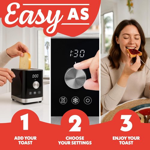 Gourmia 2 Slice Toaster - 6 Browning Levels, Bagel & Defrost Modes, Compact Design, Black