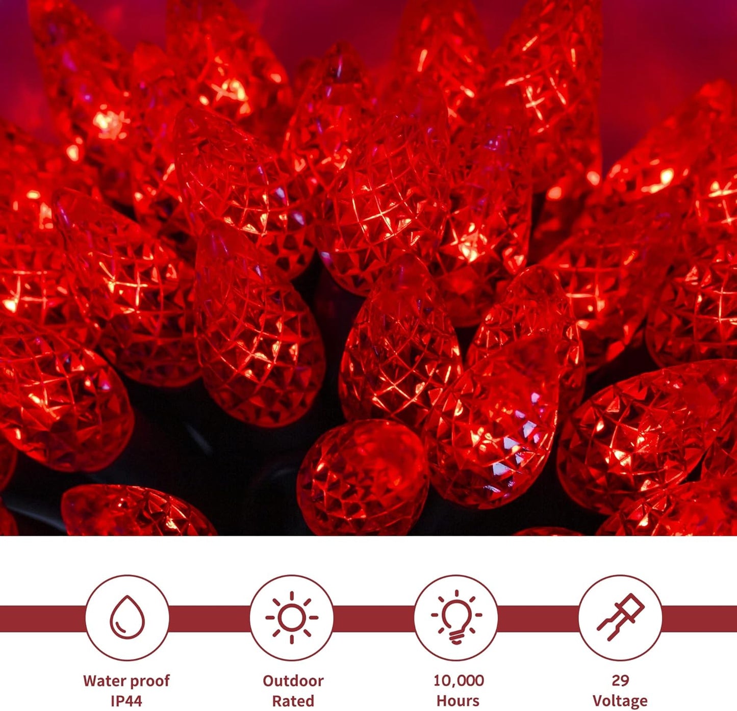 Waterglide C6 33ft 100 LED Faceted String Lights - Waterproof Green Wire Fairy Lights for Indoor/Outdoor Decor | 8 Lighting Modes, Red