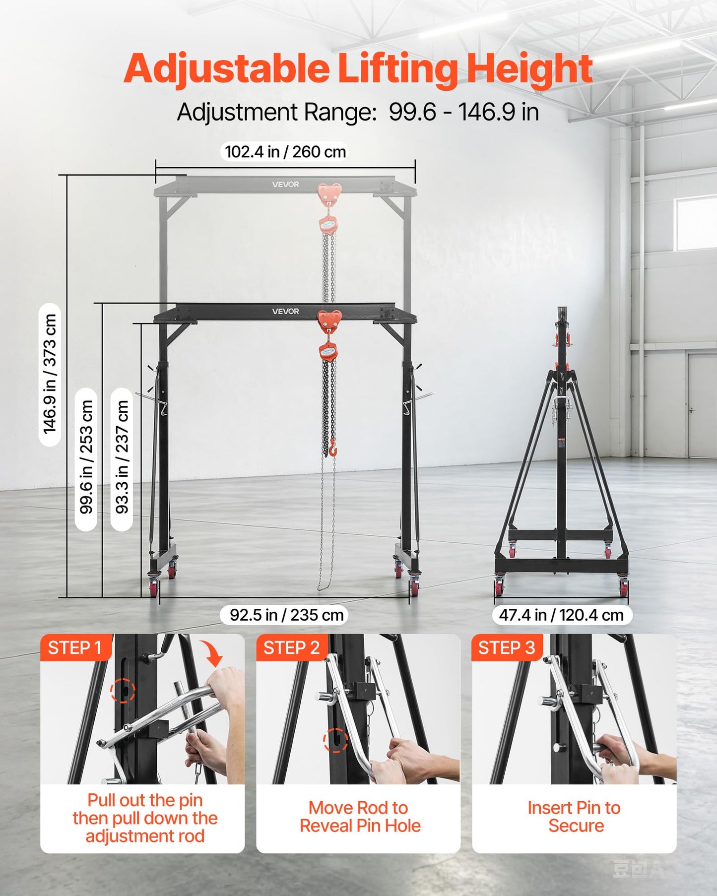 VEVOR Adjustable Gantry Crane, 4400 lbs Capacity, Portable Shop Lift Hoist with 99.6-146.9 in Height Adjustable, Manual Trolley, Hoist, Sling, Shackles, Hooks, for Garage Factory Warehouse Auto Repair