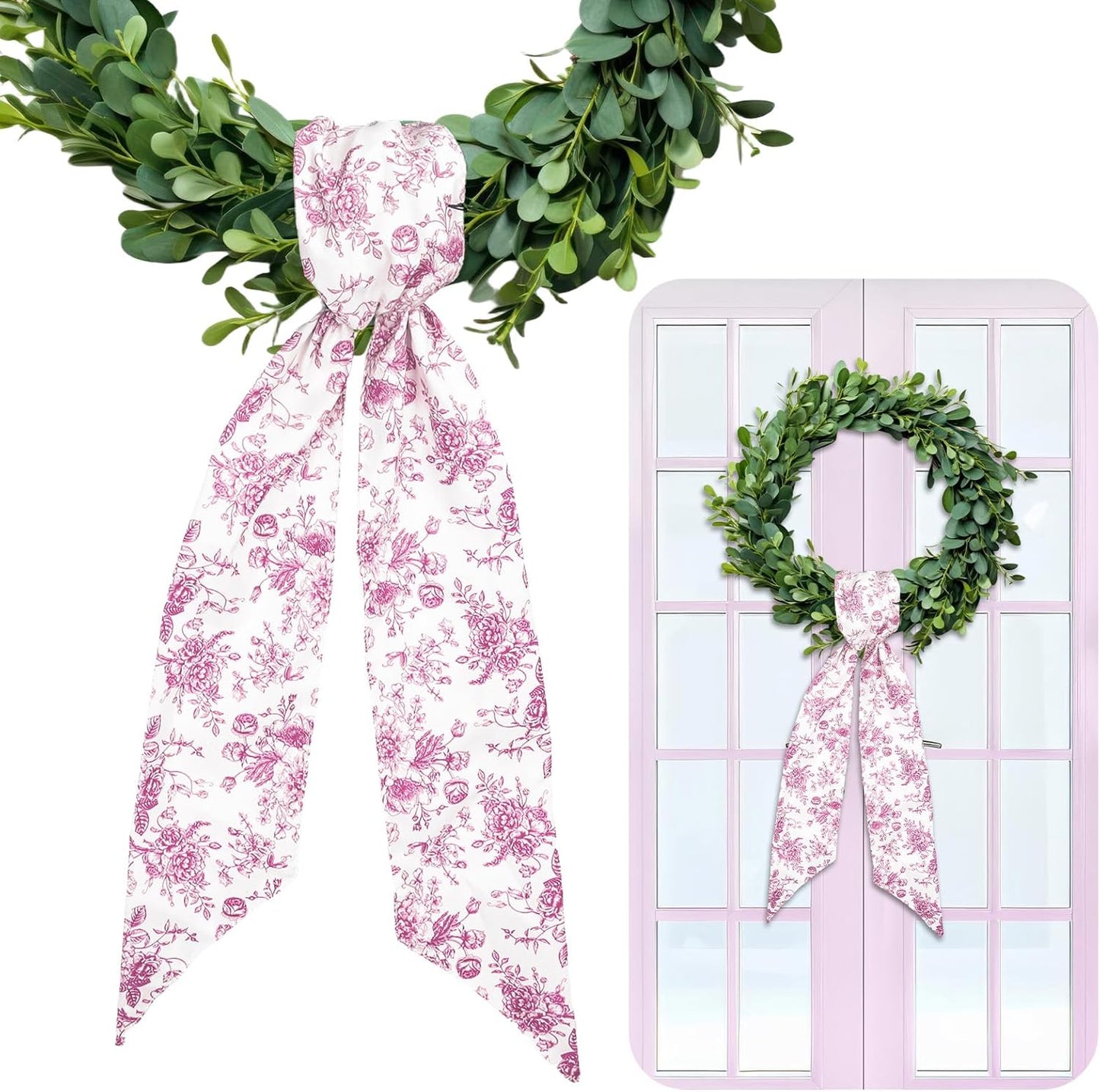 Whaline Pink Flower Wreath Sash - Chinoiserie Floral Garland Ribbon for Holiday Home Decor | 2 Pcs