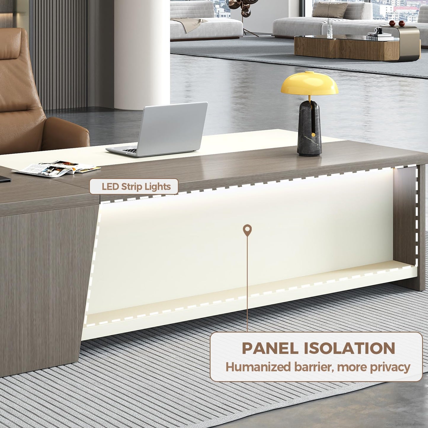 79-Inch L Shaped Executive Desk with Drawers, Large Modern Office Desk with Storage Shelves, LED Lighting, Built-in Power Outlet & USB Ports, Home Office Desk, Smoked Oak & Cream White, Right Return