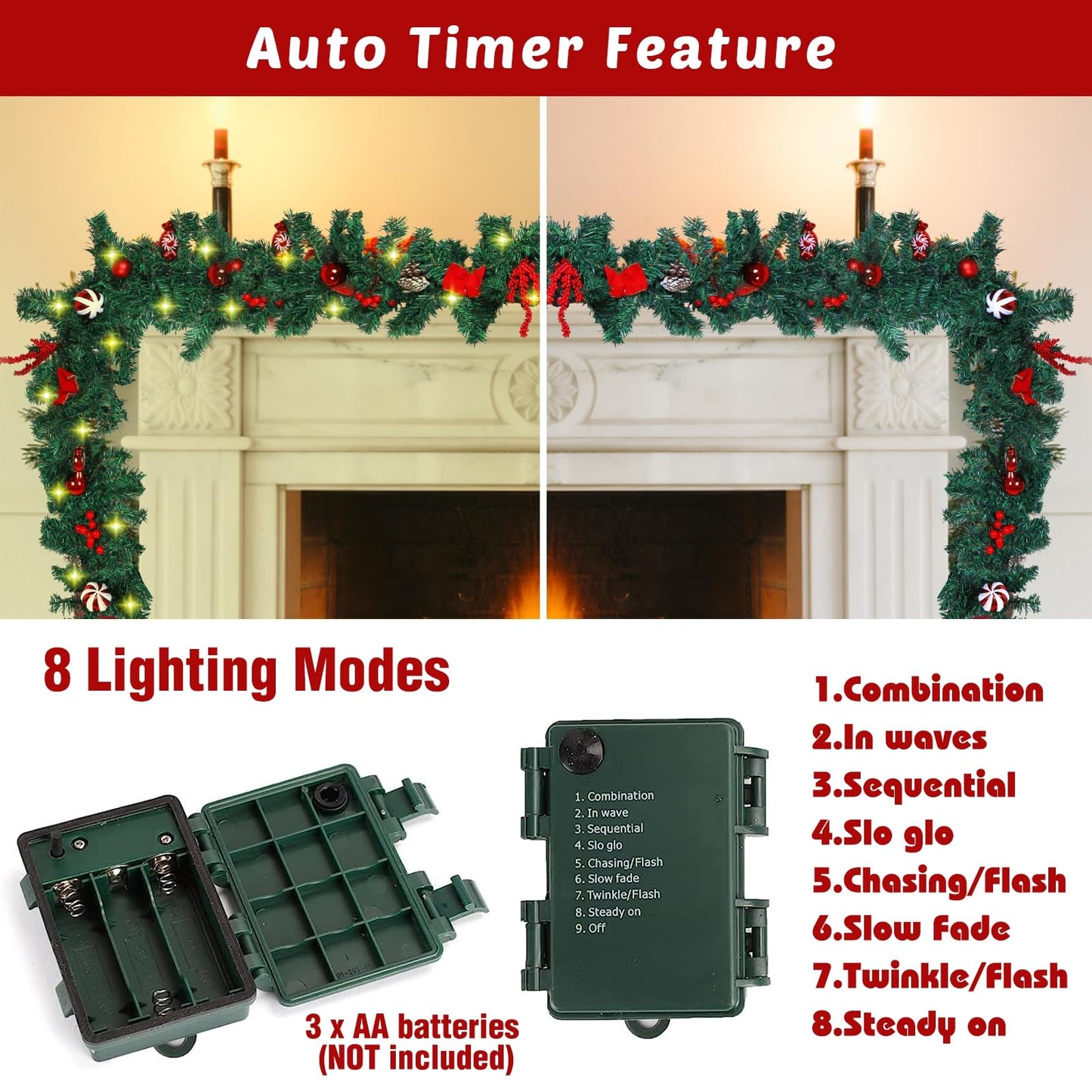 MorTime 2 Pack 9 FT LED Christmas Garland with Pinecones Red Berries Bows Christmas Balls Candies, Multi-Function Christmas Garland with 50 Warm White LED Lights, 180 Branch Tips