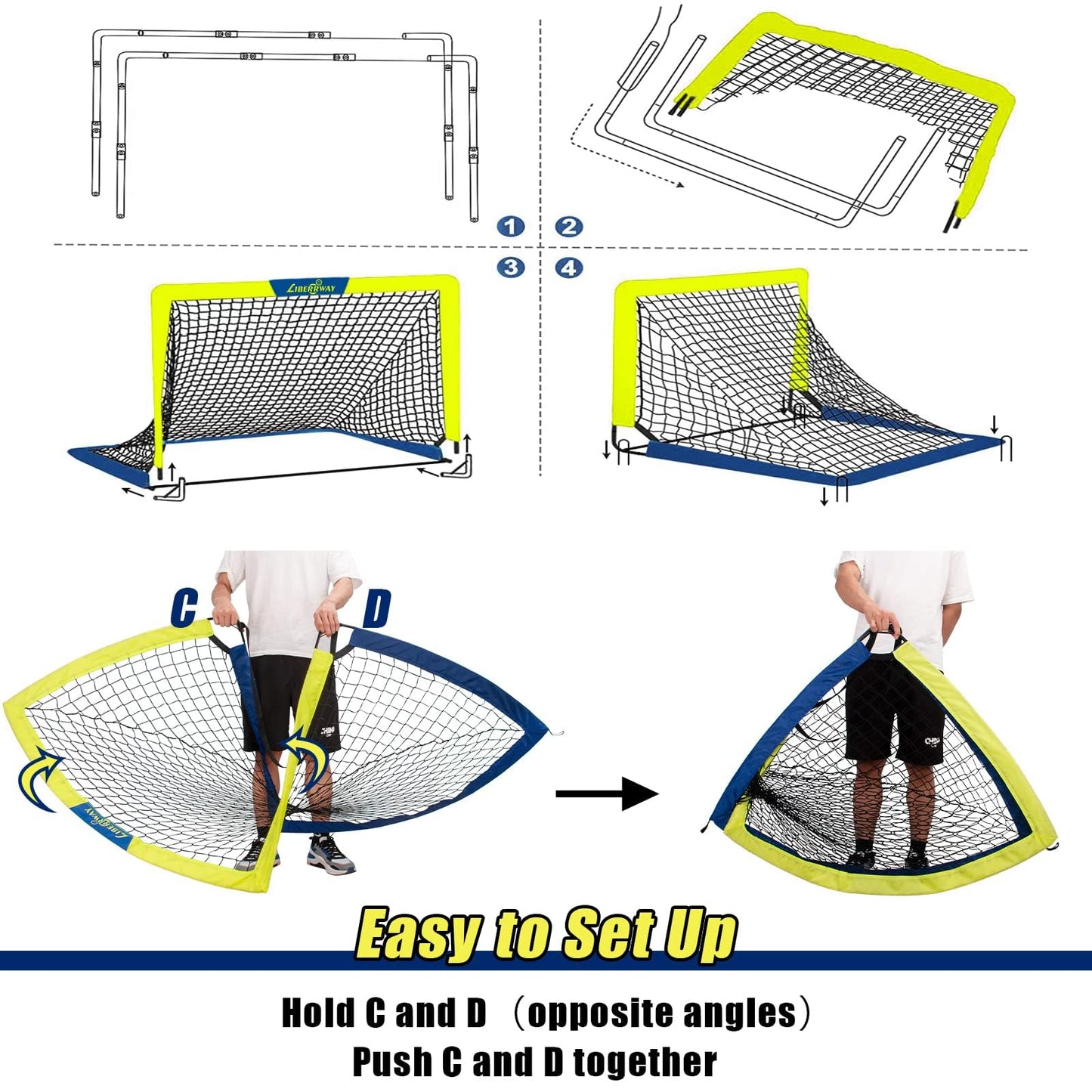 LIBERRWAY Soccer Goal 4'x 3' Portable Kids Soccer Goals for Backyard or Indoor Pop Up Soccer Net with 6 Training Cones, Carrying Bag, 8 Ground Stakes