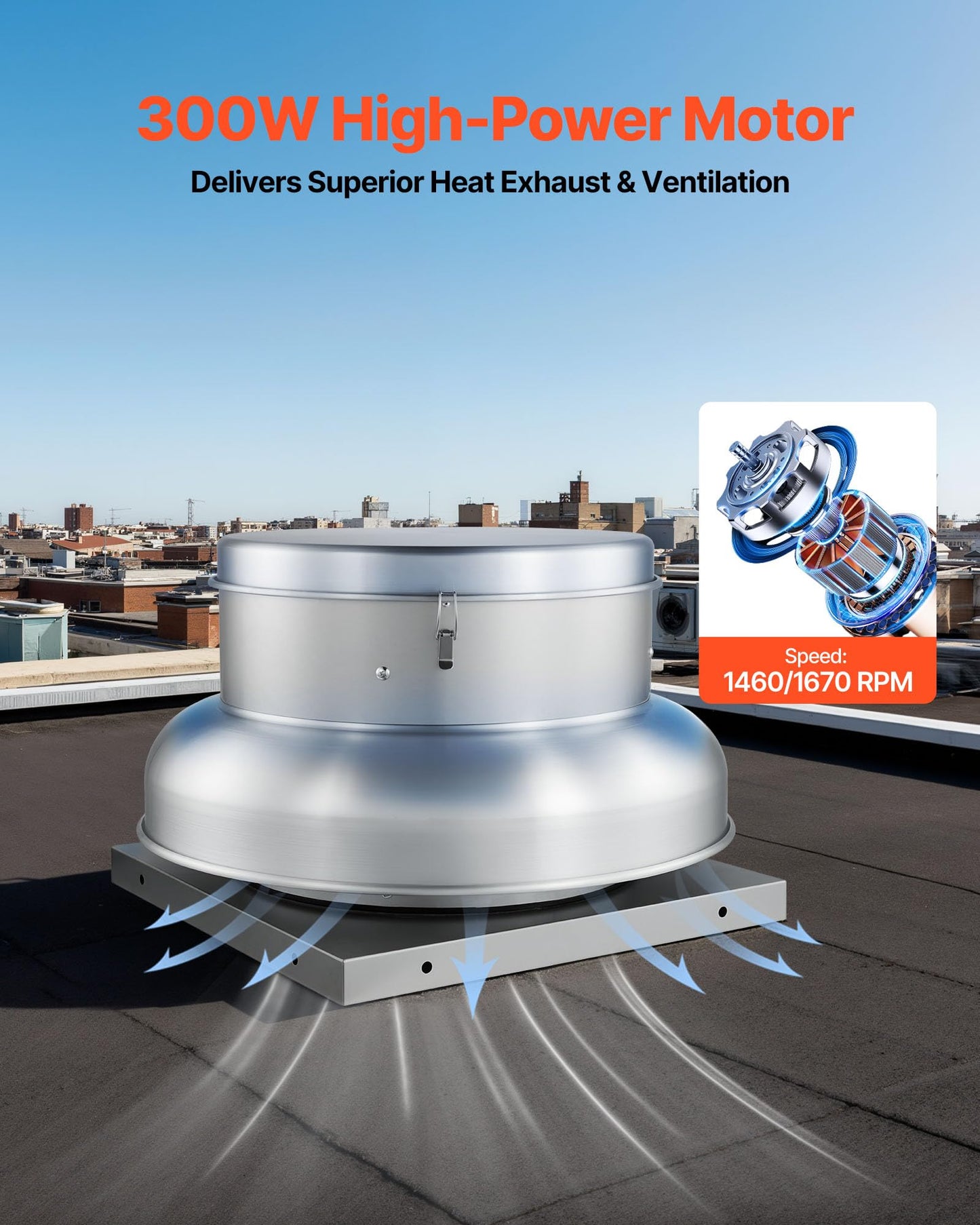 VEVOR Roof Exhaust Fan, 1500CFM & 2600CFM Adjustable Speed Control Attic Vent Fan with High-Power Motor, 24.8inch Fan Base Heavy-Duty Aluminum Alloy, Compact for Garage,Kitchen,Bathroom,Silver